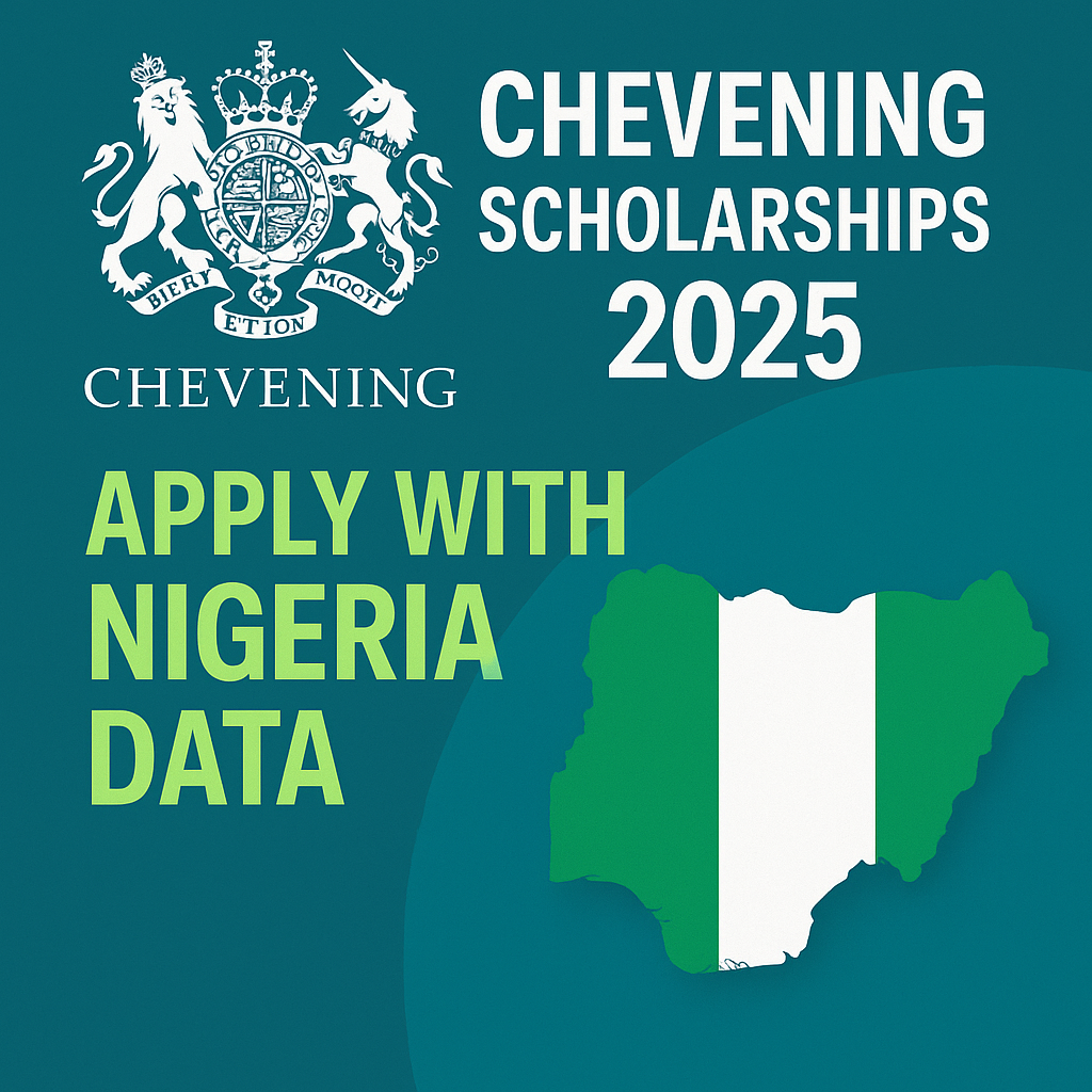 Chevening Scholarships 2025 promotional image for Nigerian applicants with logo, call-to-action, and Nigeria map