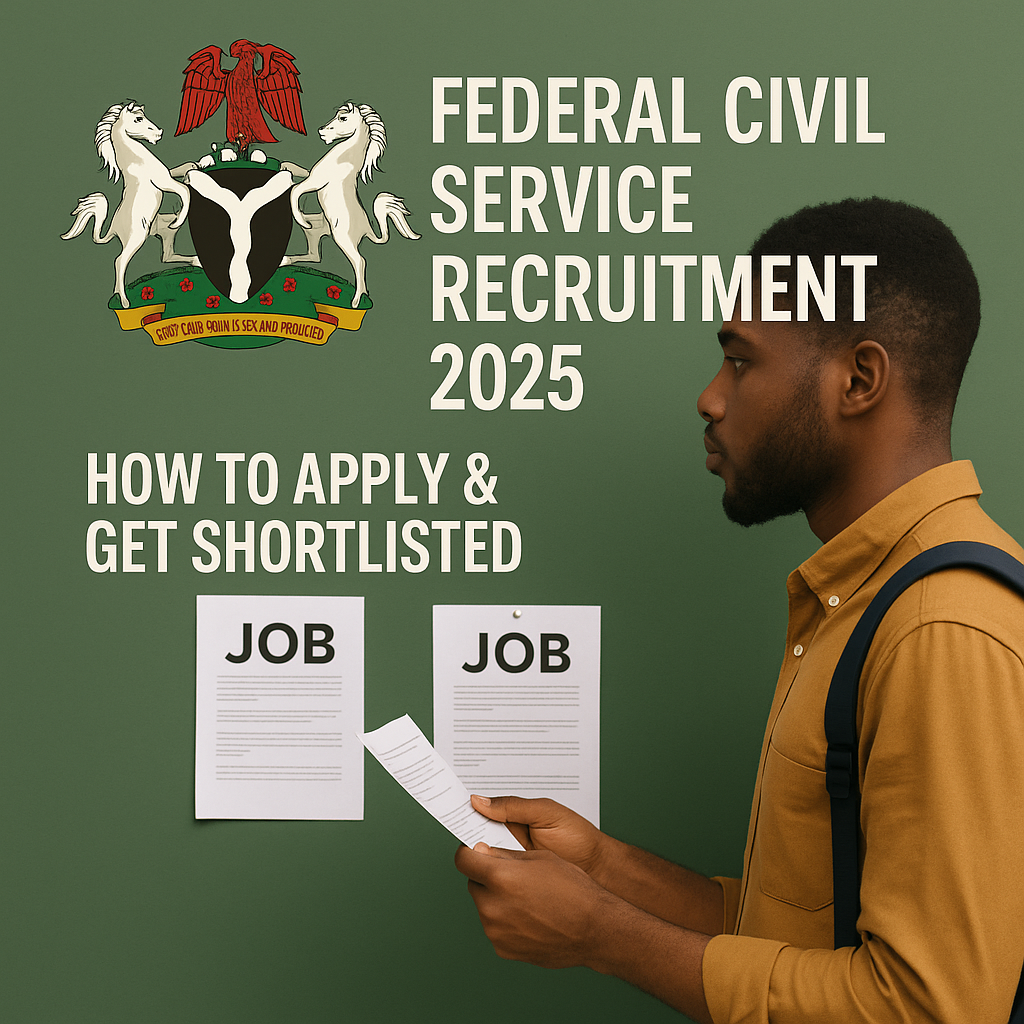 Young Nigerian man looking at job ads on a green wall with the Nigerian Coat of Arms and the text 