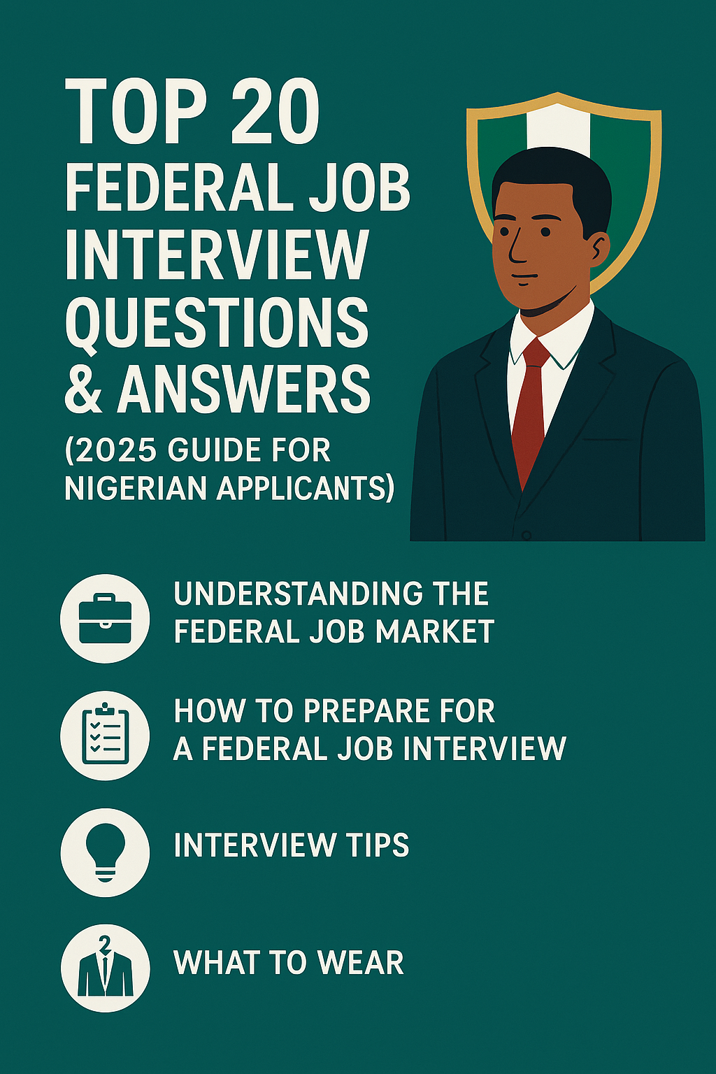 Illustration of a Nigerian job applicant in a suit with federal job interview tips for 2025 displayed in a clean, teal-themed layout.