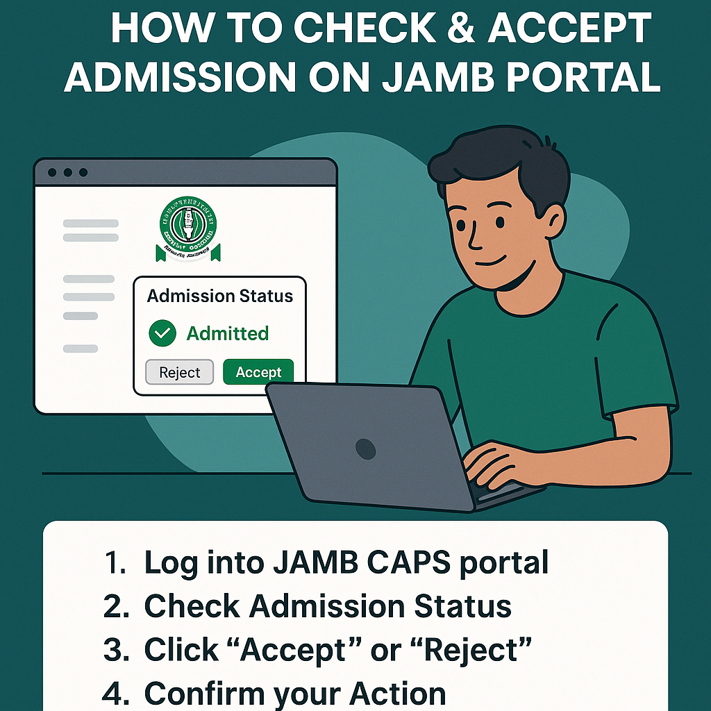 Illustration of a student using a laptop to check and accept admission on the JAMB CAPS portal, with instructions shown below.