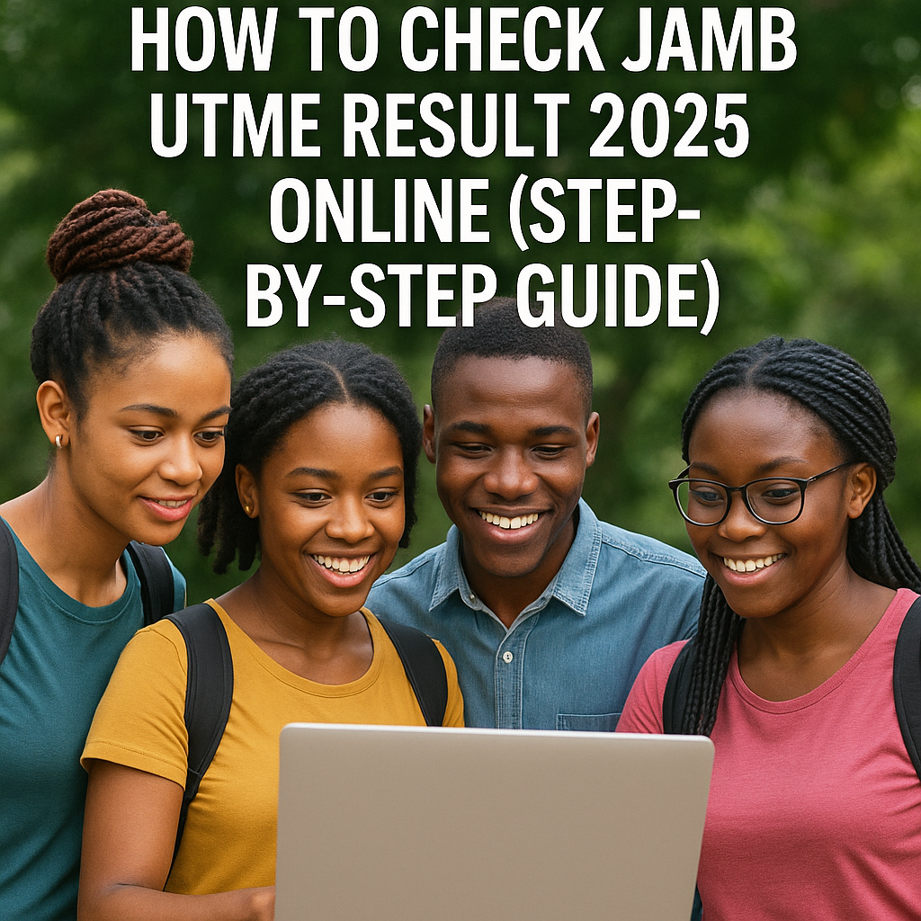 Four African students smiling and viewing a laptop together with the text “How to Check JAMB UTME Result 2025 Online (Step-by-Step Guide)” above them.
