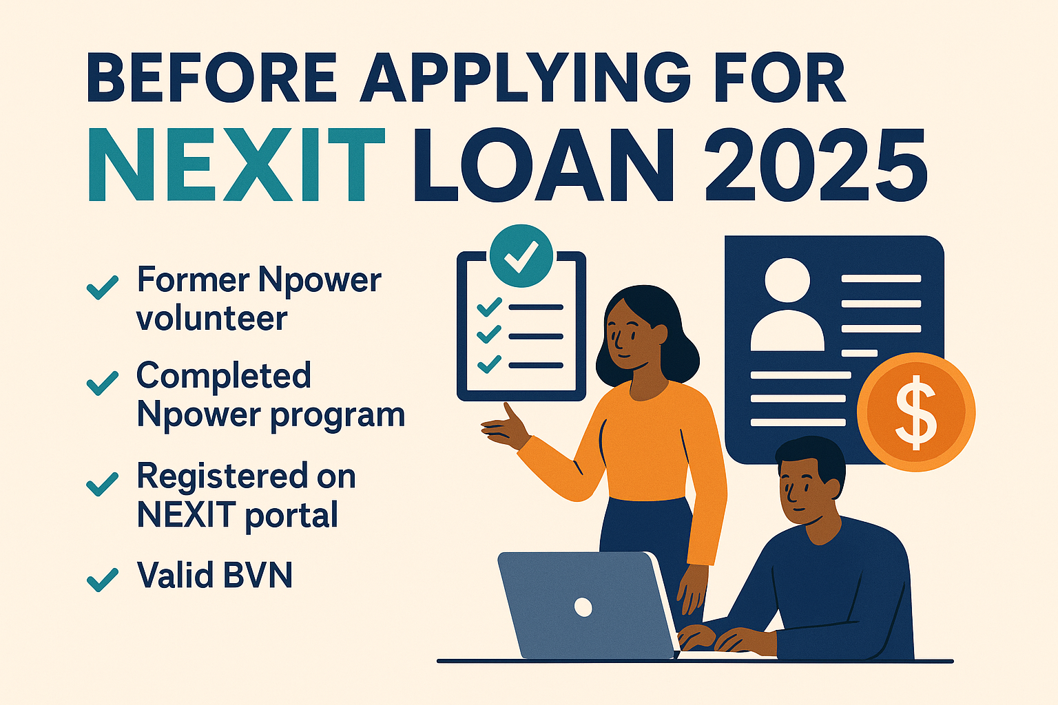 Infographic summarizing the NEXIT Loan 2025 application process, eligibility requirements, registration steps, and loan terms for Npower beneficiaries.
