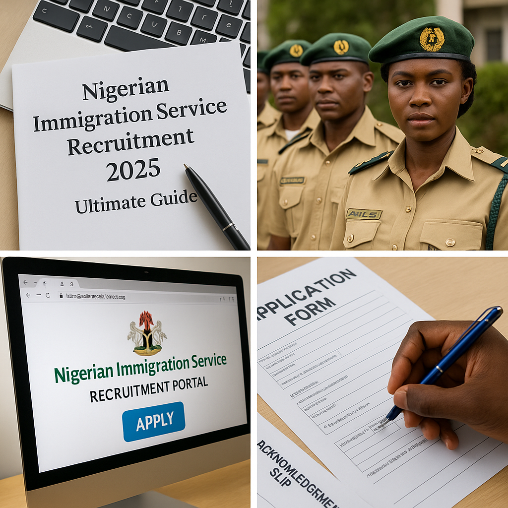 Composite image showing Nigerian Immigration officers, recruitment guide document, online portal, and an application form being filled out.