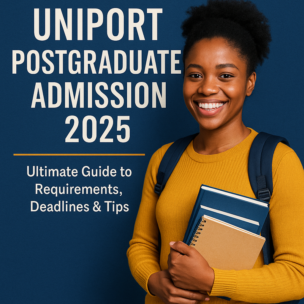 Infographic showing UniPort 2025 postgraduate admission deadlines, requirements, application steps, and tips in a navy-blue-themed layout with icons and student illustration.
