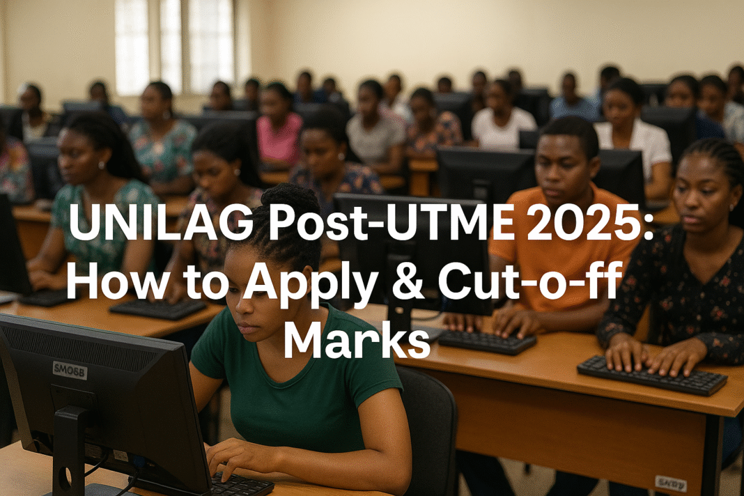 Students writing UNILAG Post-UTME 2025 exam on computers in a CBT hall, with title text overlay