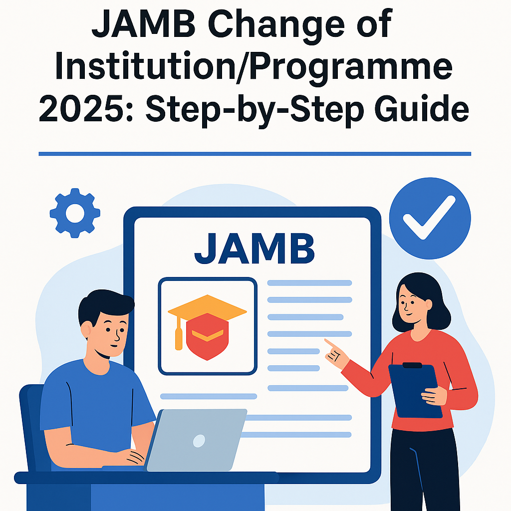 Illustration of two students using a laptop to complete the JAMB Change of Institution/Programme process online, with icons and guide visuals on a computer screen.