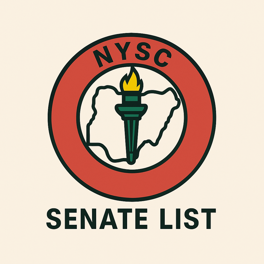 NYSC Senate List logo with a red circular border, Nigeria map outline, and flaming torch in the center